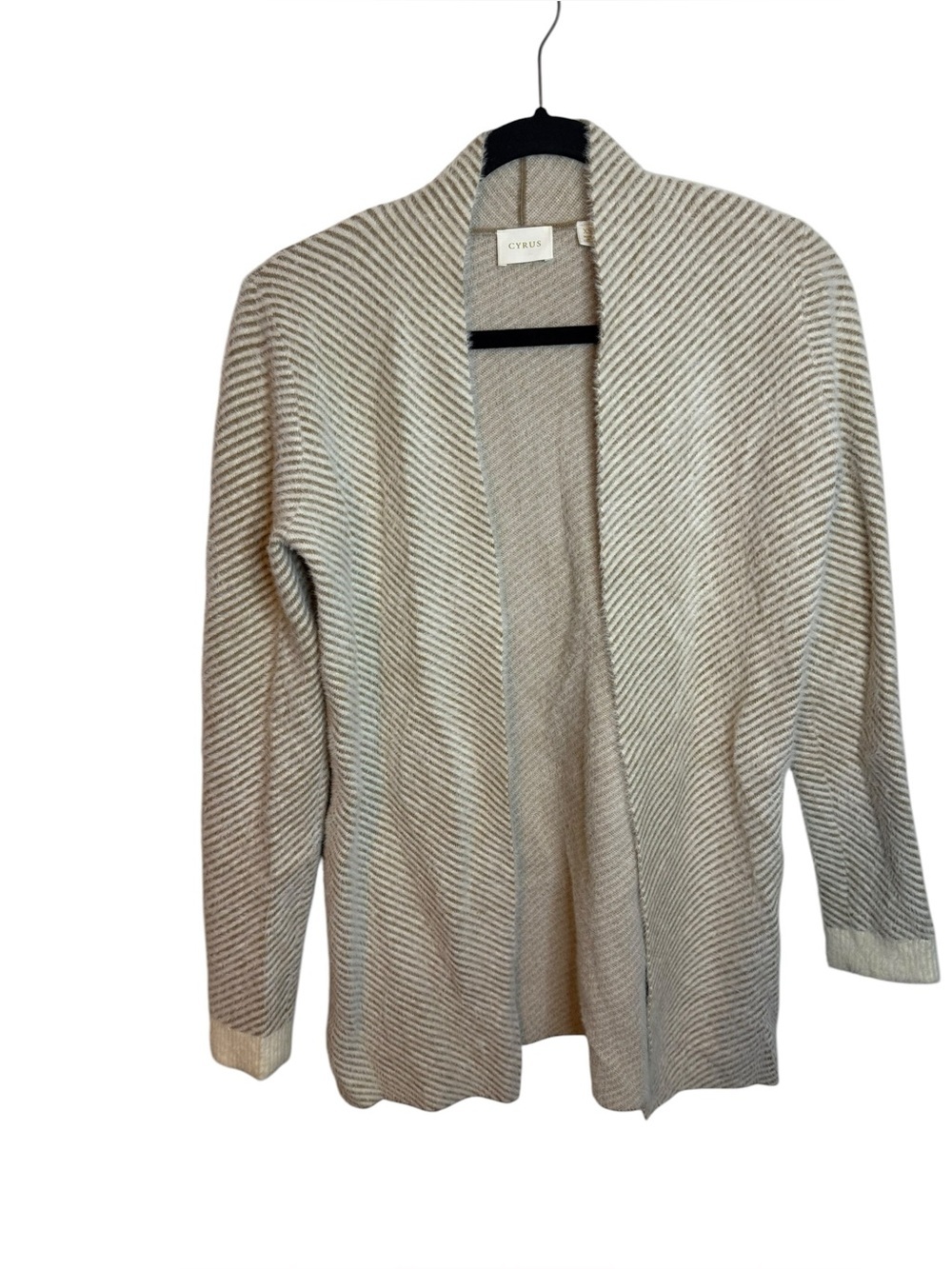Cyrus Beige and Cream Striped Fuzzy Open Front Cardigan